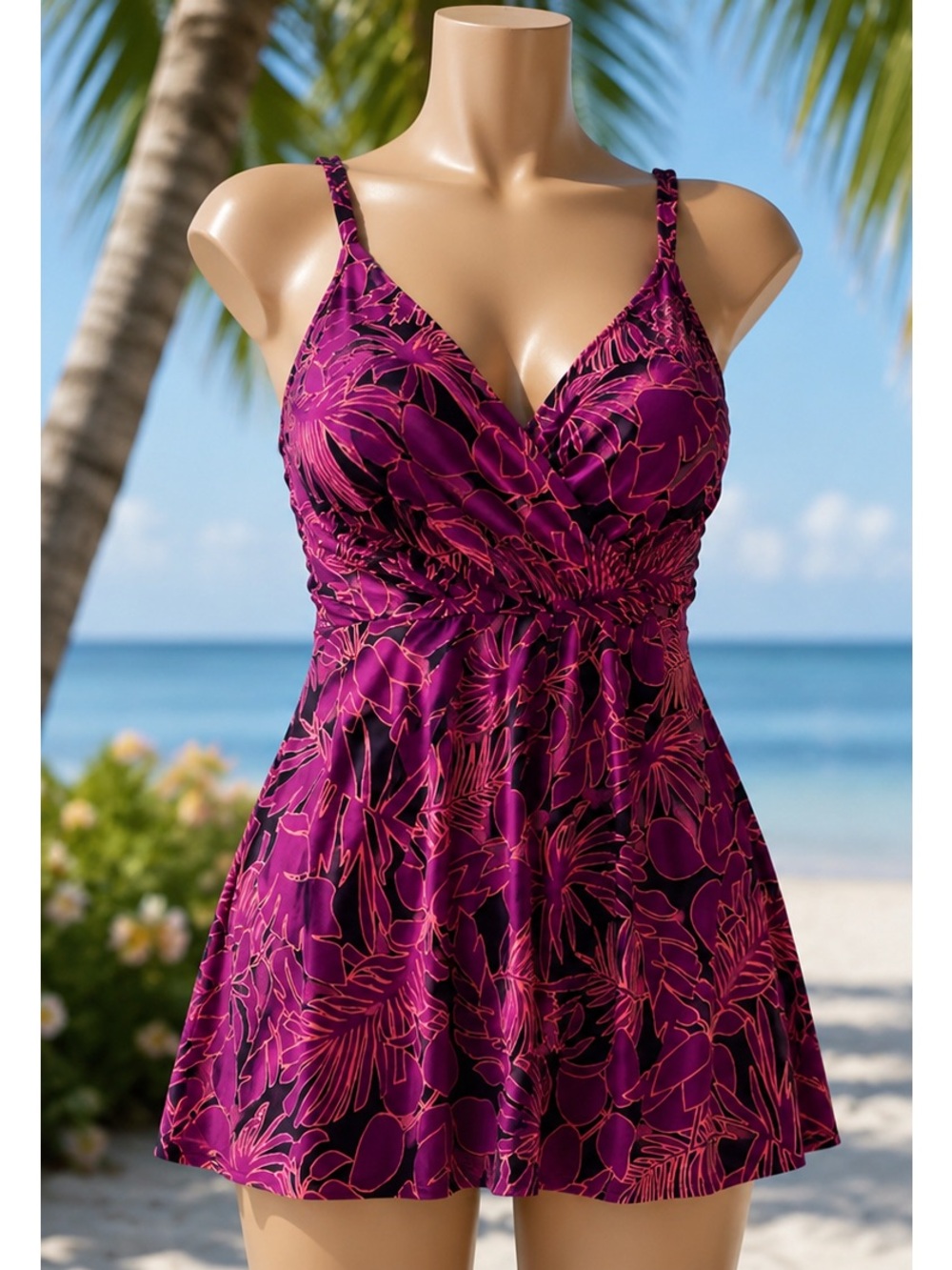 Lands’ End Floral Swim Dress Swimsuit Pink Purple Tummy Control Size S